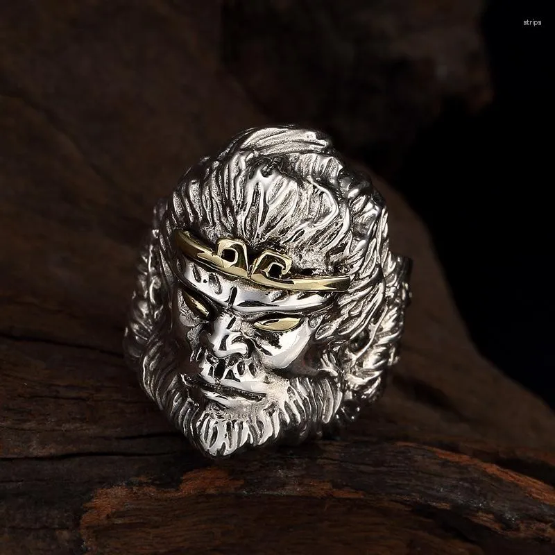 Bagues de grappe Thai Silver Monkey King Bague d'ouverture pour homme Real S925 Pure Handmade Sun Wukong Creative