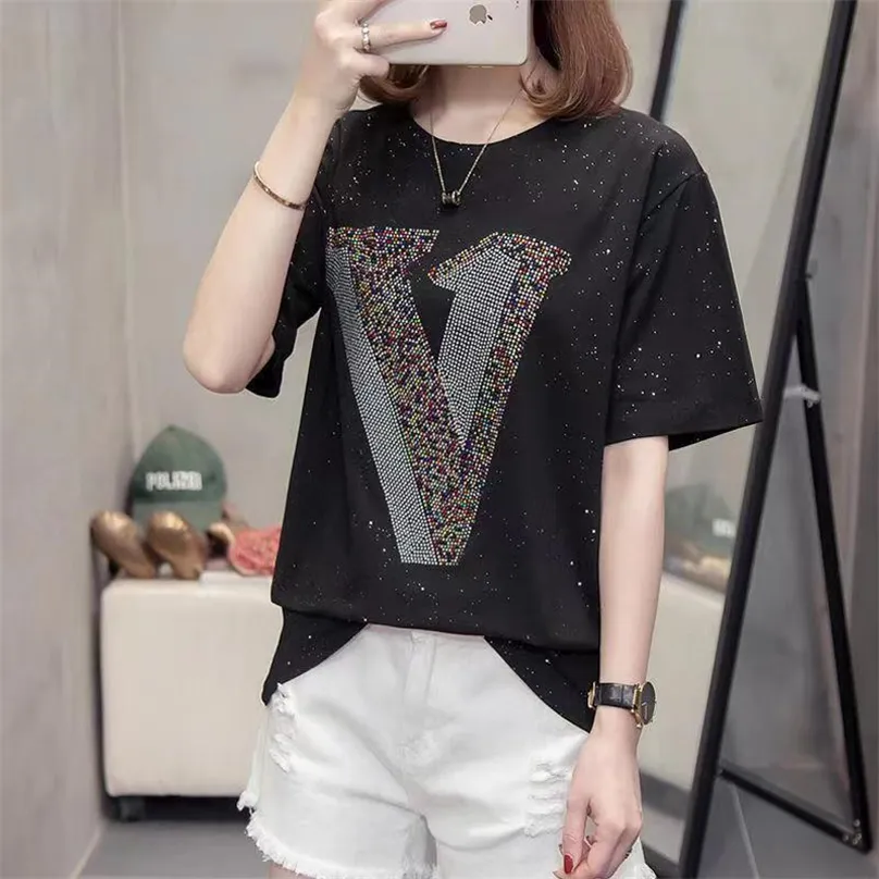 T shirt women clothes women designer Tops Cotton TShirt Applique Shiny diamond Summer female t shirts black pink womens T-Shirt Shirts Womens Grils Plus Size L-4XL