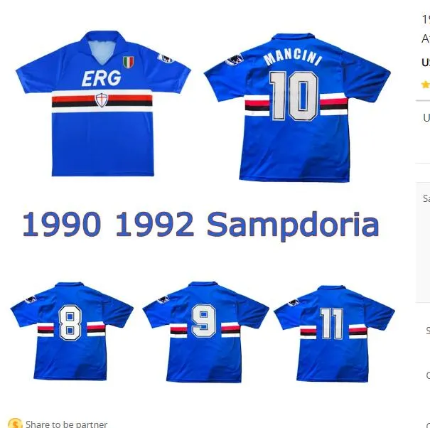 1990 1992 maillot de football rétro Sampdoria 90 91 UC Sampdoria classique vintage Mancini Vialli Cerezo Attilio Lombardo maillot de football fdu
