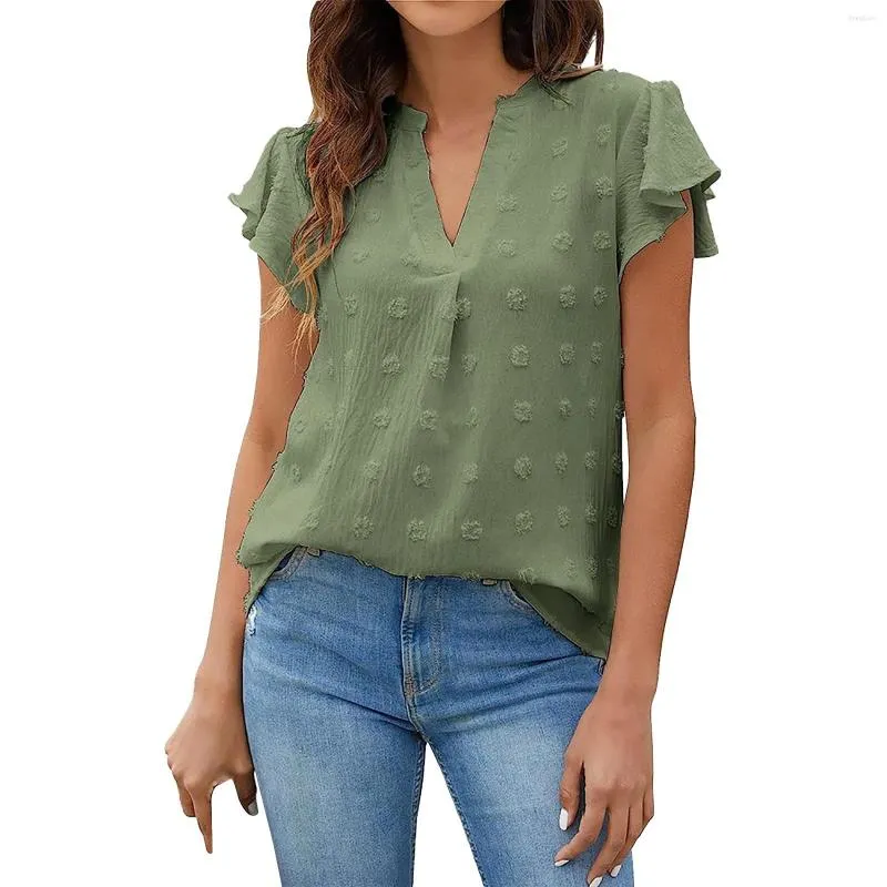 T-shirts pour femmes Western Women Fashion V Neck Short Sleeves Jacquard Ruffle Shirt Top Tees Womens 4xl Tops