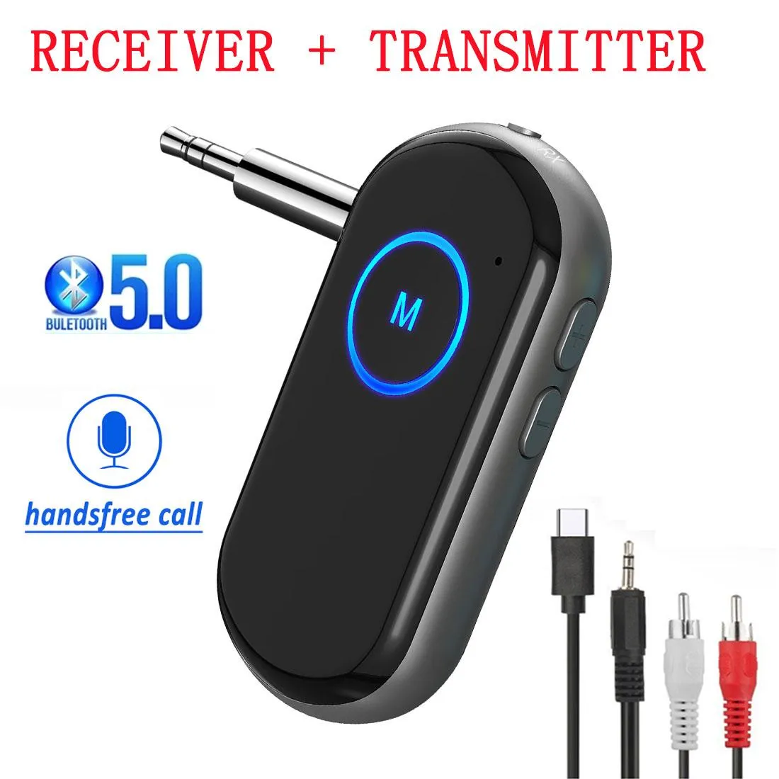 Connecteurs Bluetooth 5.0 Émetteur Récepteur 3,5 mm Aux Jack Musique Adaptateur audio sans fil Kit mains libres pour voiture pour TV PC Casque Haut-parleur