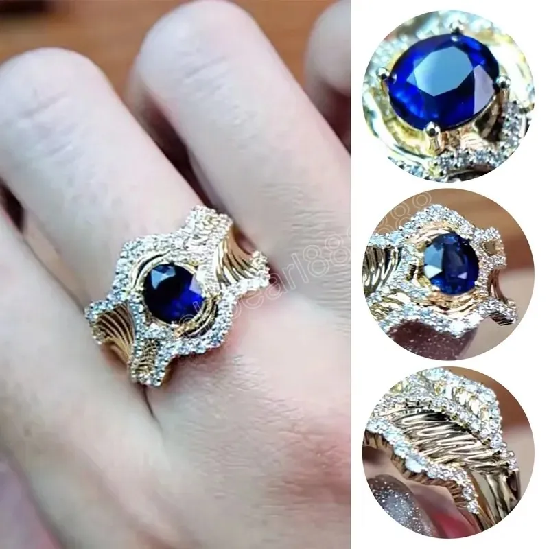 Joyería Vintage italiana, anillos de zafiro azul real de simulación de lujo, accesorios elegantes para fiestas y banquetes para mujeres