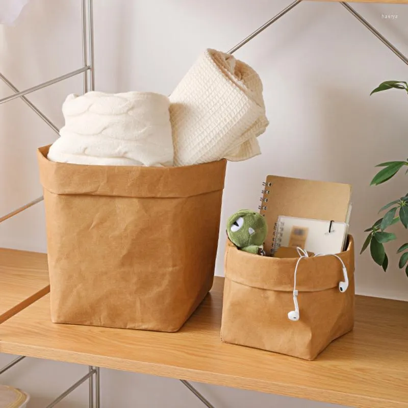 Storage Bags Kraft Paper Bag Washable Container Reusable Basket Bins Desktop Plants Organizer For Food Fruit Toys Laundry