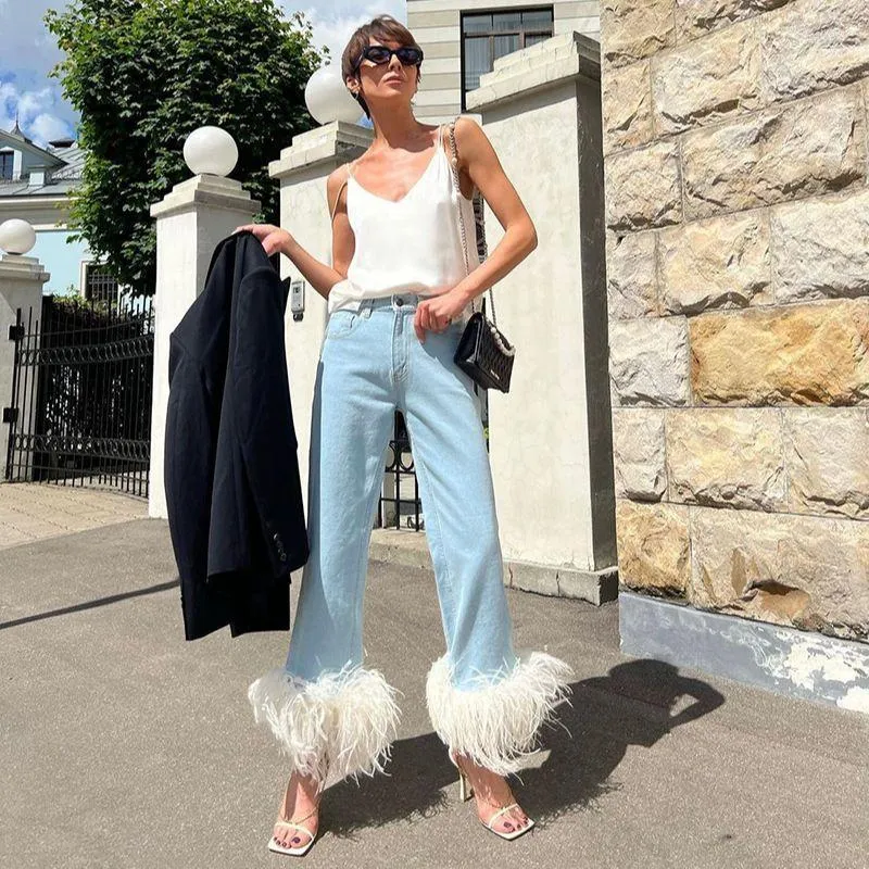 Jeans da donna Pantaloni in struzzo denim con bordo in piume Pantaloni femminili a vita alta per donna Casual Street S3477