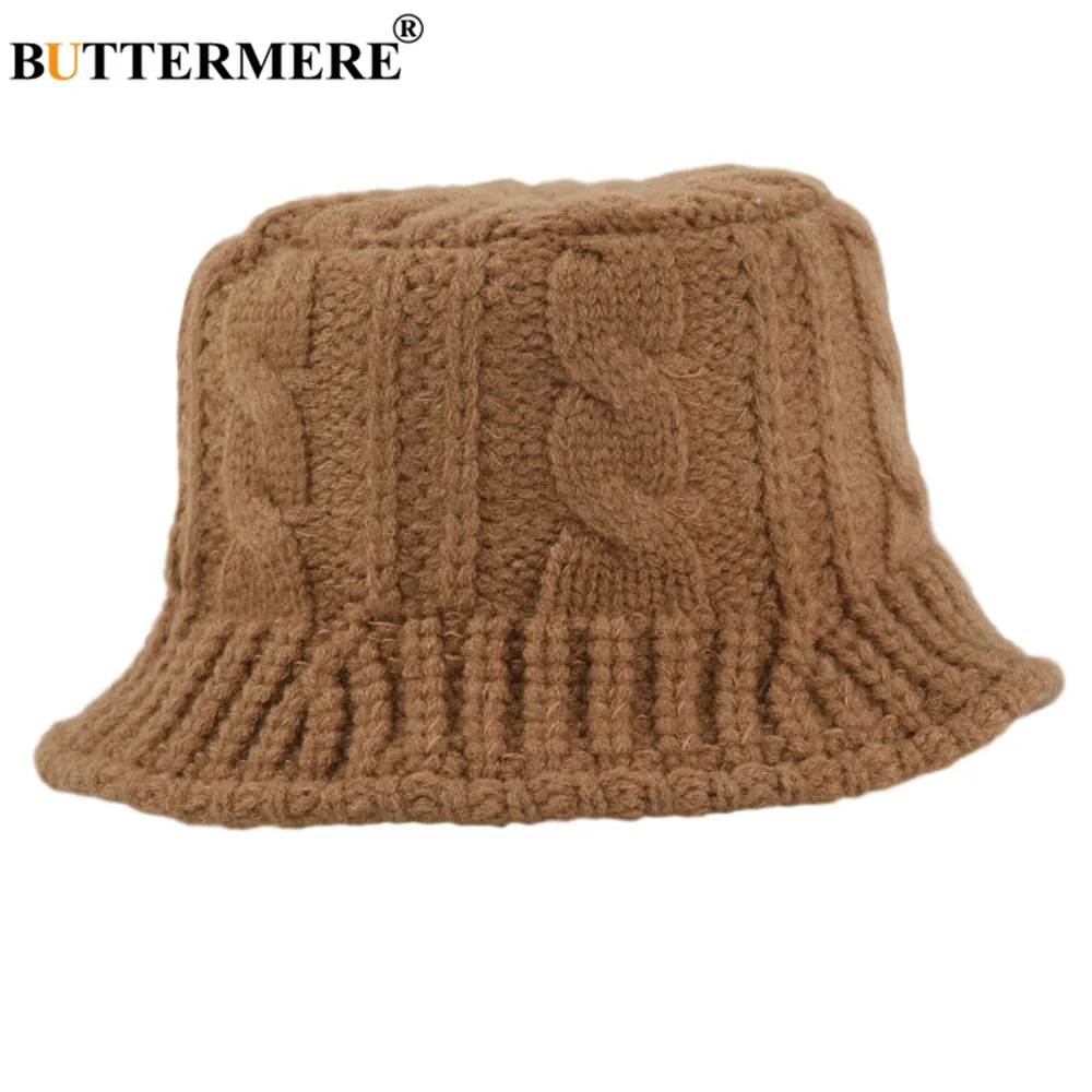 BUTTERMERE Gestrickte Designer-Eimermütze für Damen, warme Herbst-Winter-Mütze für Damen, einfarbig, Khaki, Schwarz, Beige, Gelb, Fischerhüte