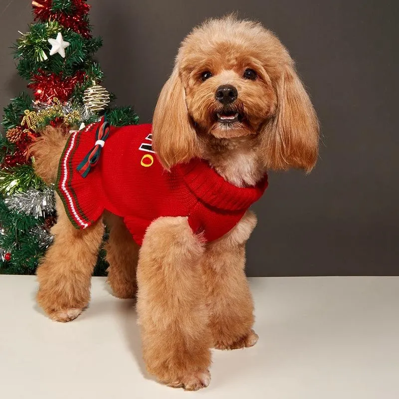 セータークリスマスペットセータードレスキャットドッグドレス冬Hoho Turtleneck Bow Embroidered Skirt衣装小型犬用犬の服Navidad