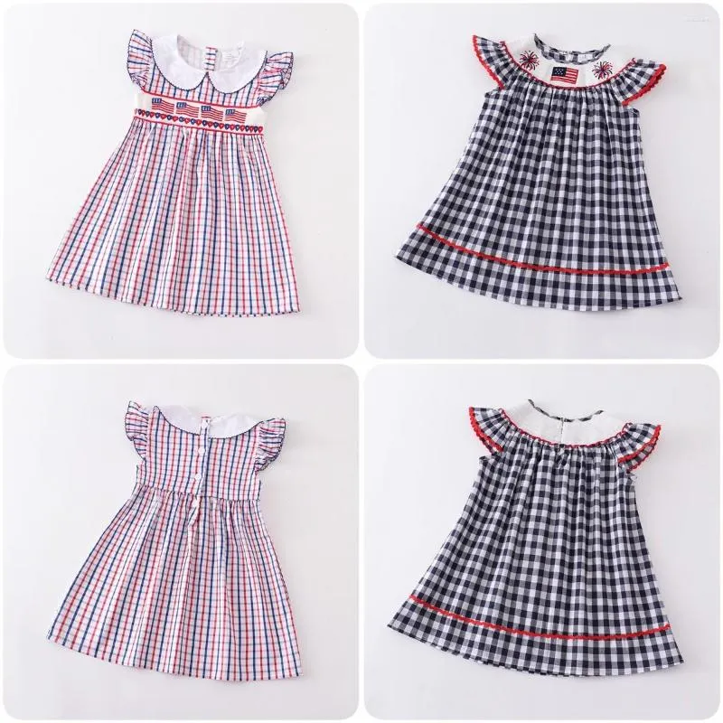 Girl Dresses Girlymax 4th Of July Independence Day USA Summer Baby Girls Smocked Plaid Woven Dress Above Knee Kids Clothing