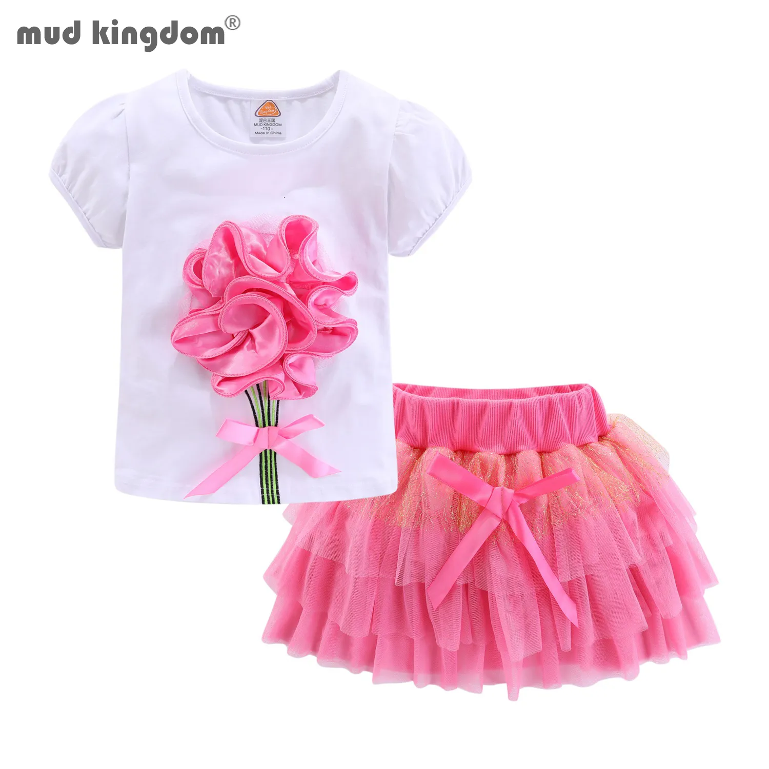 Conjuntos de ropa Mudkingdom Cute Girls Outfits Boutique 3D Flower Lace Bow Tulle Tutu Falda para niña pequeña Ropa Traje Trajes de verano 230630