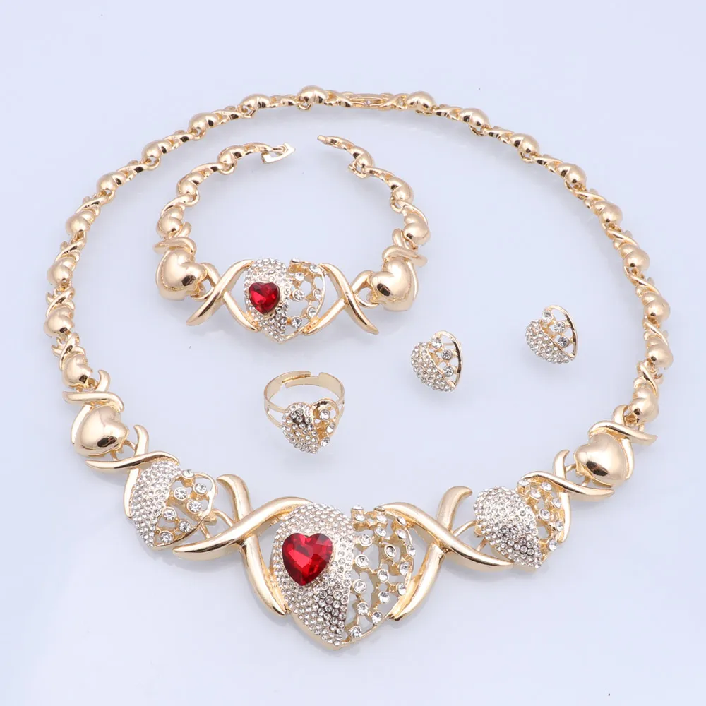 Rhinestone Heart-shaped Kiss Jewelry Set Wedding Red Gold Plated Jewelry Xoxo Necklace Ring Bracelet Earrings Set