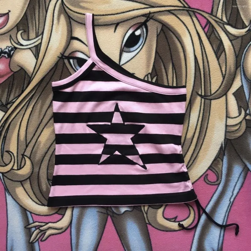 T-shirts pour femmes Star Graphic Sexy Harajuku Camisole à épaule unique Crop Top 2000s Femmes Corset Emo Girl Tank Y2k Aesthetic Stripe