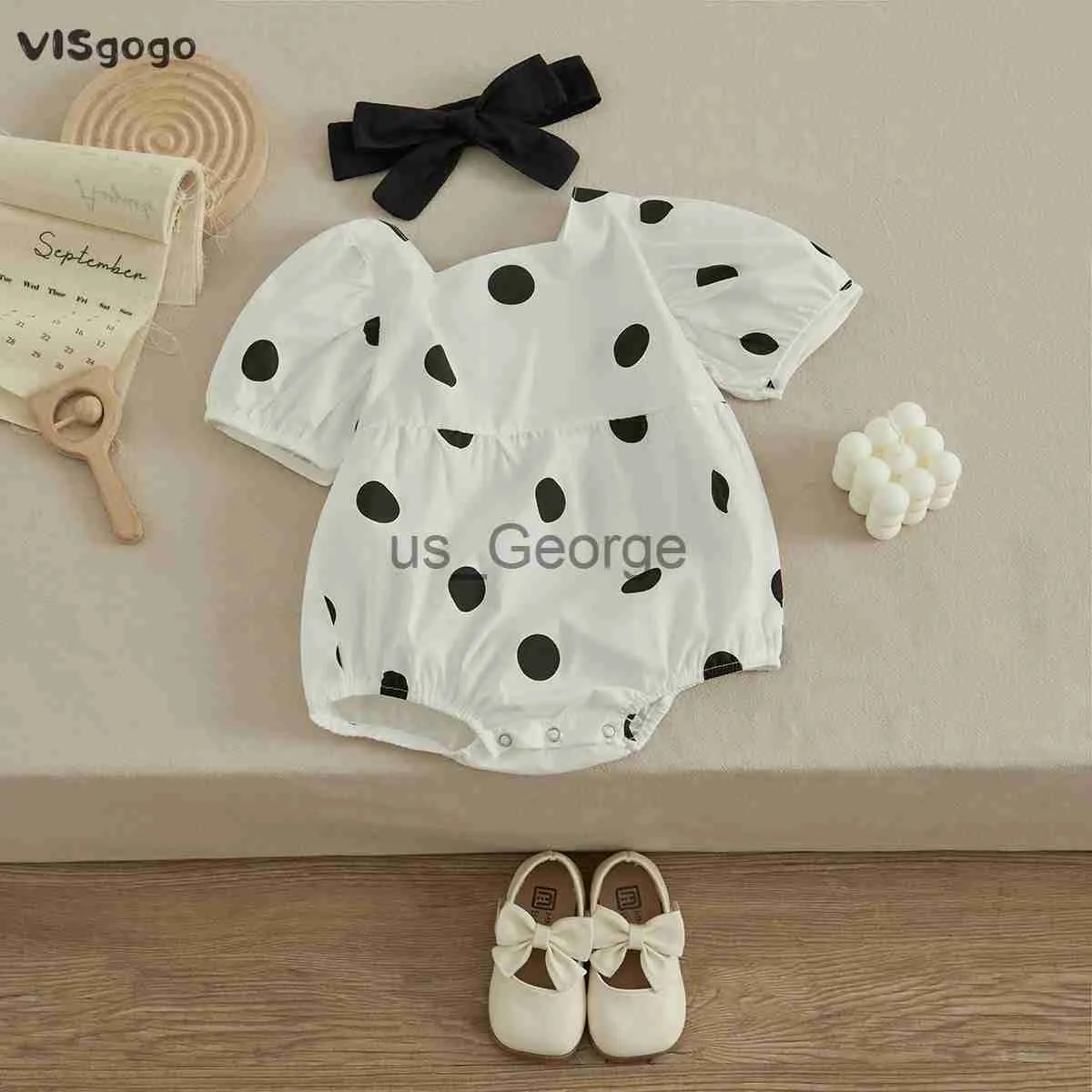 Комплекты одежды VISgogo Infant Baby Girl Romper Polka Dot Puff Sleeve Bodysuit Jumpsuit Bow Headband Outfit Sweet Style Baby Summer Clothing J230630