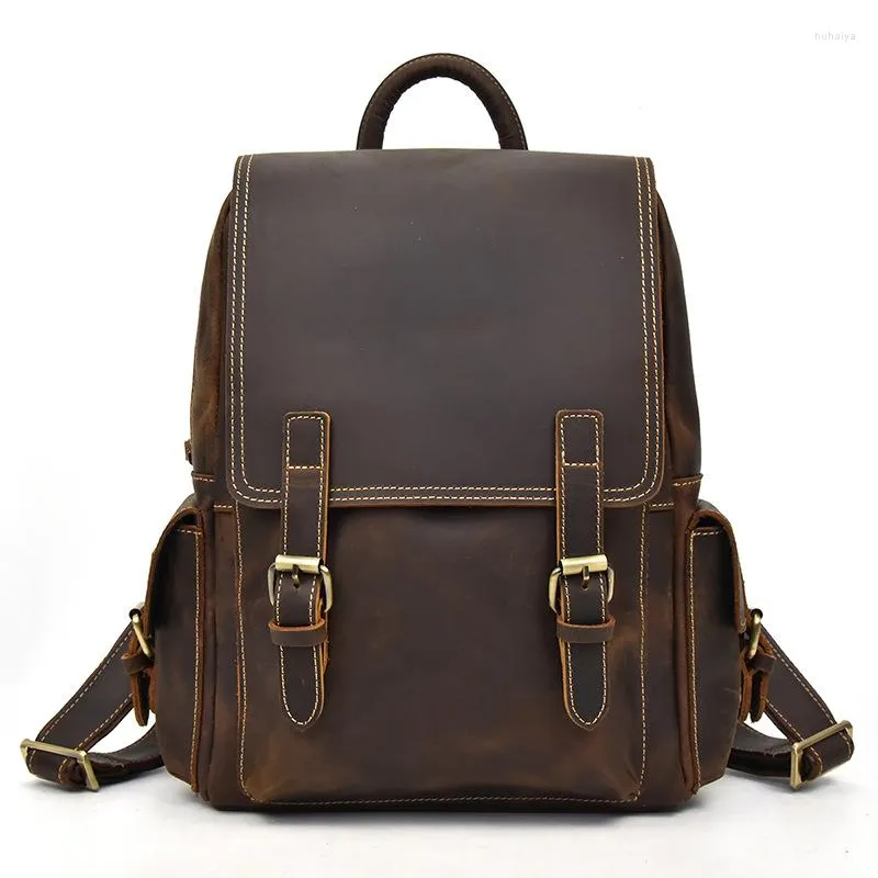 Zaino vintage marrone A4 spessa grana superiore vera pelle di cavallo pazzo 14 '' laptop donna uomo borsa da viaggio di alta qualità M260