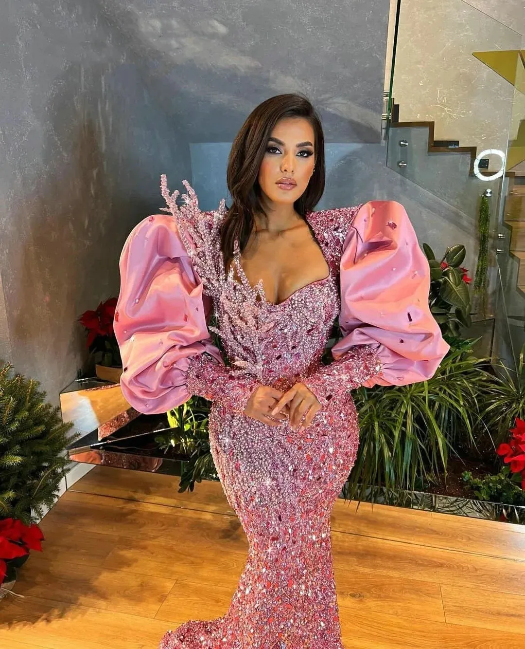 Sparkly Pink Sequins Mermaid Prom Dresses 2023 Puff Long Sleeves Plus Size Luxury Beaded Formal Birthday Party Gowns For Africa Women