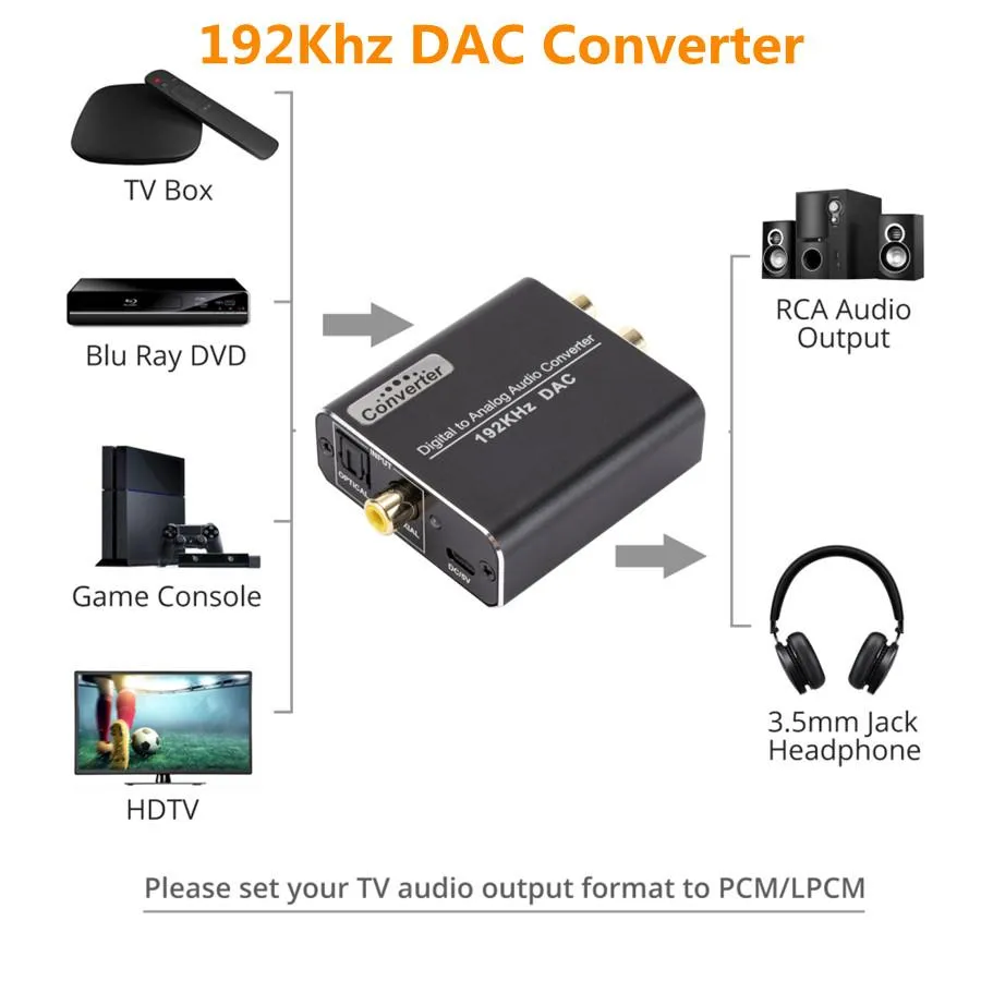 Mikser 192KHz DAC Dijital - Analog Dönüştürücü Optik Koaksiyel Fiber SPDIF, Optik Kablo Adaptörü ile RCA 3.5mm Jack Audio Adaptör