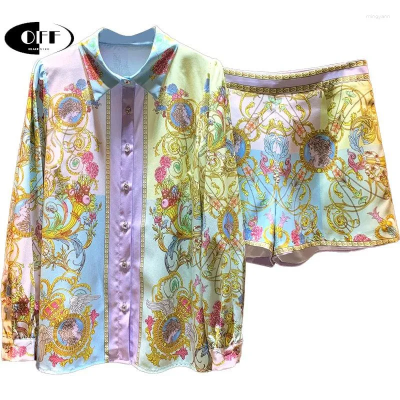 Survêtements pour femmes OFF Fashion French Luxury Vintage Print Shirt Top and Shorts In Summer Long Sleeve Blouses Women Two Piece Set Suit Party