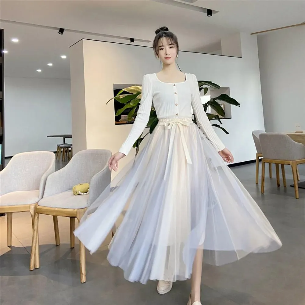 Klänningar söta band snörning bowknot lapptäcke väv veckade kjolar koreanska eleganta tyll mamma långa kjolar bollklänning estetiska mesh saia