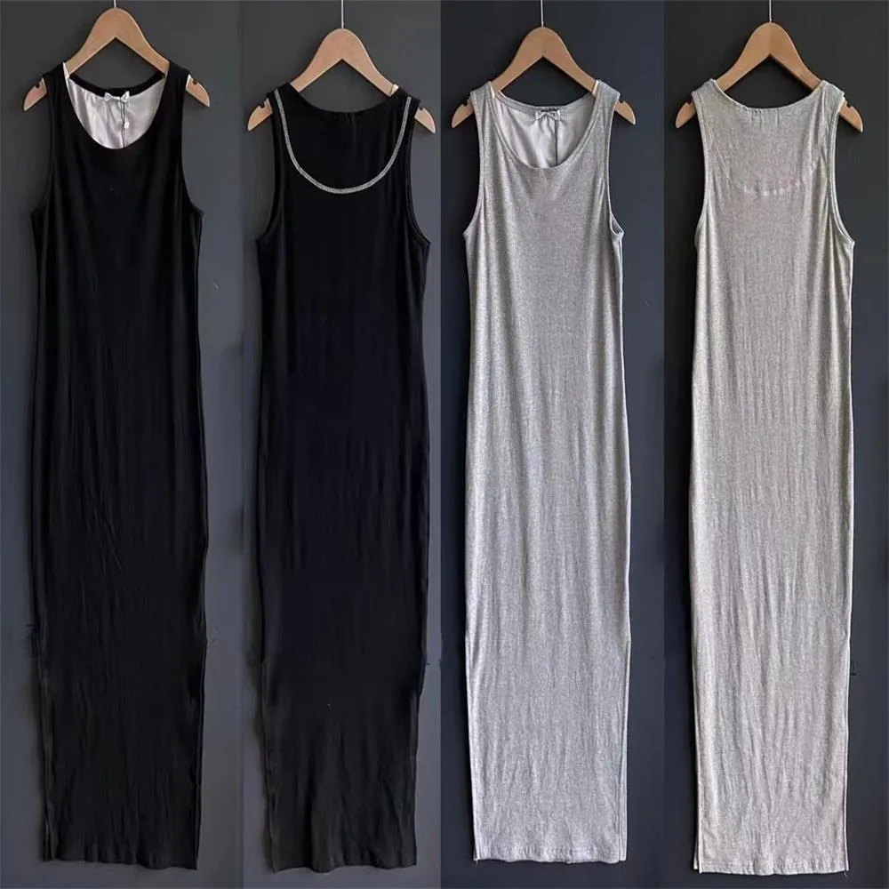 Womens Sleeveless Ribbed Cotton Jersey Maxi Tank Dress Embroidered