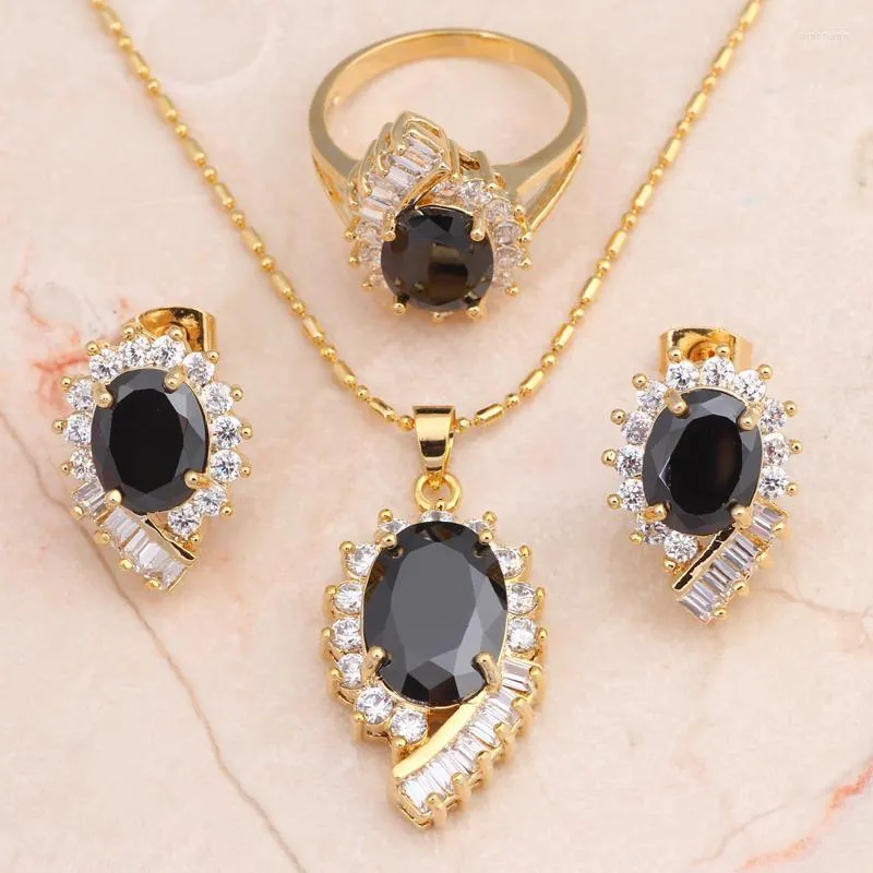 Necklace Earrings Set & Cool Fashion Jewelry Black Onyx Zirconia Inlay Yellow Gold Tone Excellent Ring Sz #6#7#8#9#10 JS569A Stre22