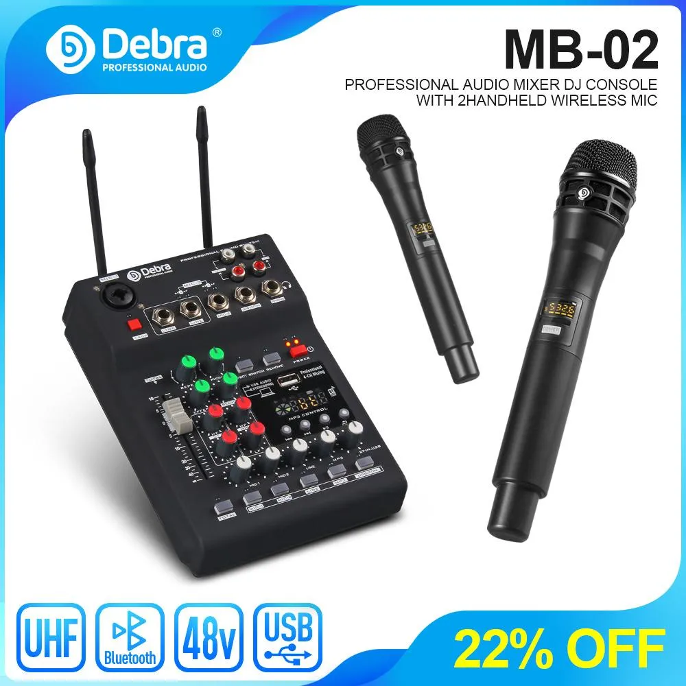 Mixer Debra MB02 UHF Sistema de Microfone sem fio DJ Mixer de console com Bluetooth 48V Phantom Power para gravação de estúdio Live Karaoke