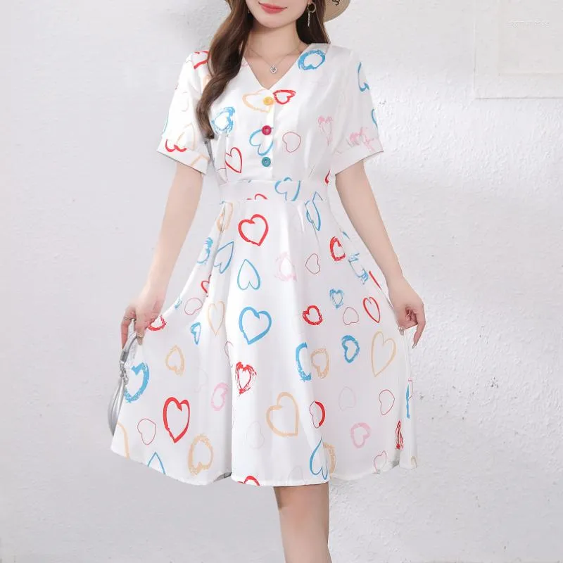 Party Dresses Women's Summer Korean High End Style V-neck Short Sleeve Button Print Pleated Love Fashion Big Swing Holiday Dress