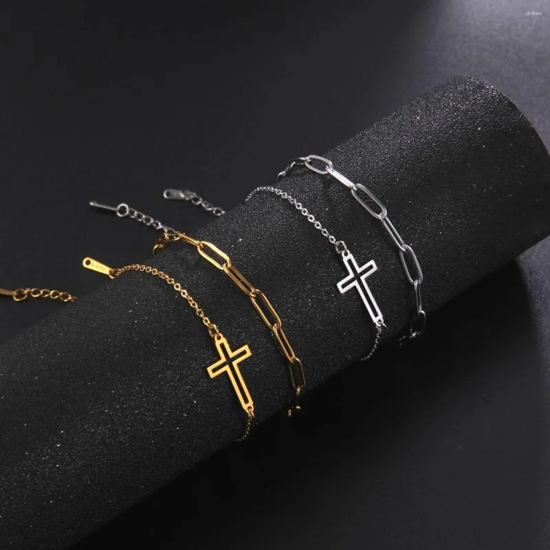 Link Pulseiras Jeshayuan Aço Inoxidável Cristianismo Cruz Para Presente Feminino Dupla Camada Clipe De Papel Corrente Amuleto Jóias