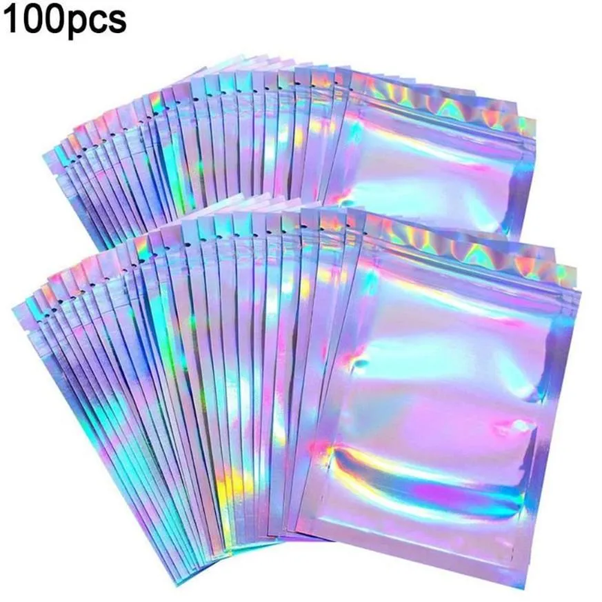 Sacs holographiques transparents scellés au Laser, ensemble de 100 pièces, pochettes de rangement pour cils, aliments de fête, cadeaux, emballage frais, fournitures 217Y