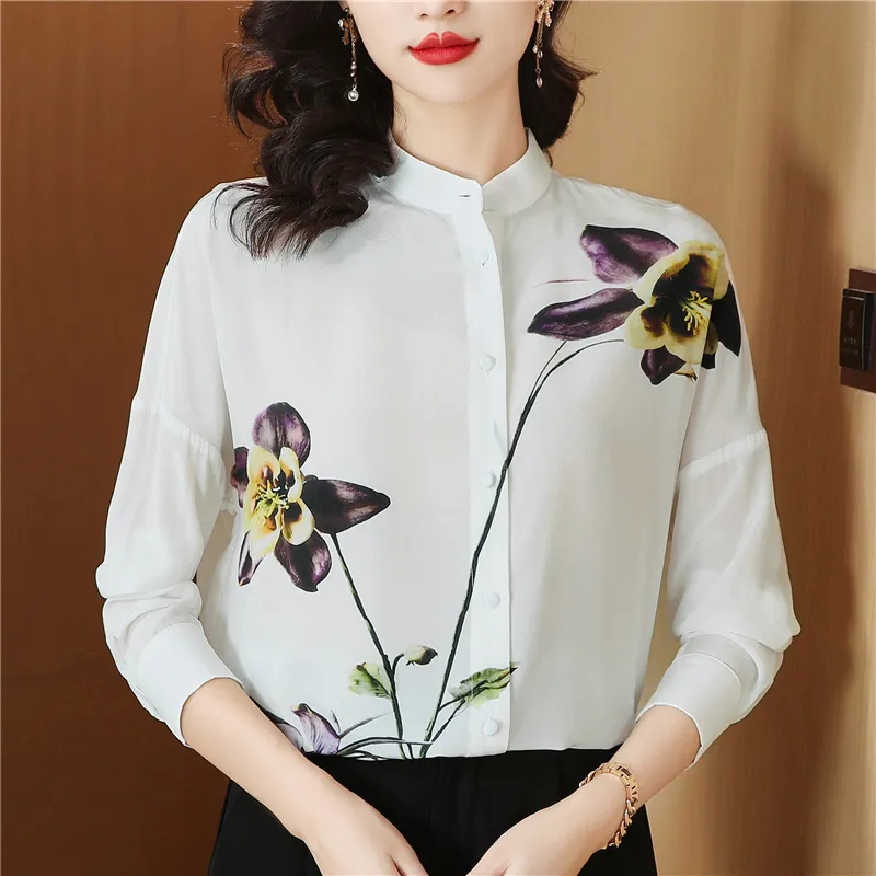 Retro Floral Stand kołnierz Biała koszula 2023 Kobiet Designer Modna moda nadrukowane bluzki plus w rozmiarze Panie Panie eleganckie jedwabne satynowe koszule i top
