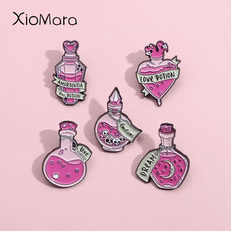 Broches poção de amor mágico esmalte pinos personalizado sonho garrafa bruxa feiticeiro lapela emblemas jóias góticas presente para mulher