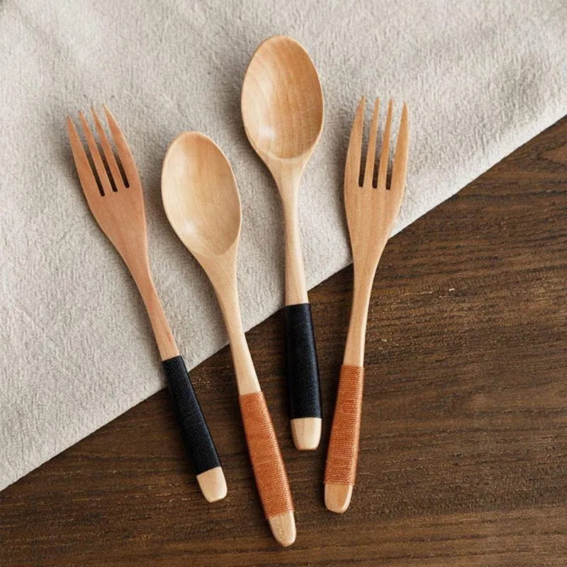 Dinnerware Sets Wooden Spoon Fork Kit Japanese Vintage Coffee Milk Noodle Pasta Forks Handmade Home Tableware Kicthen Tools