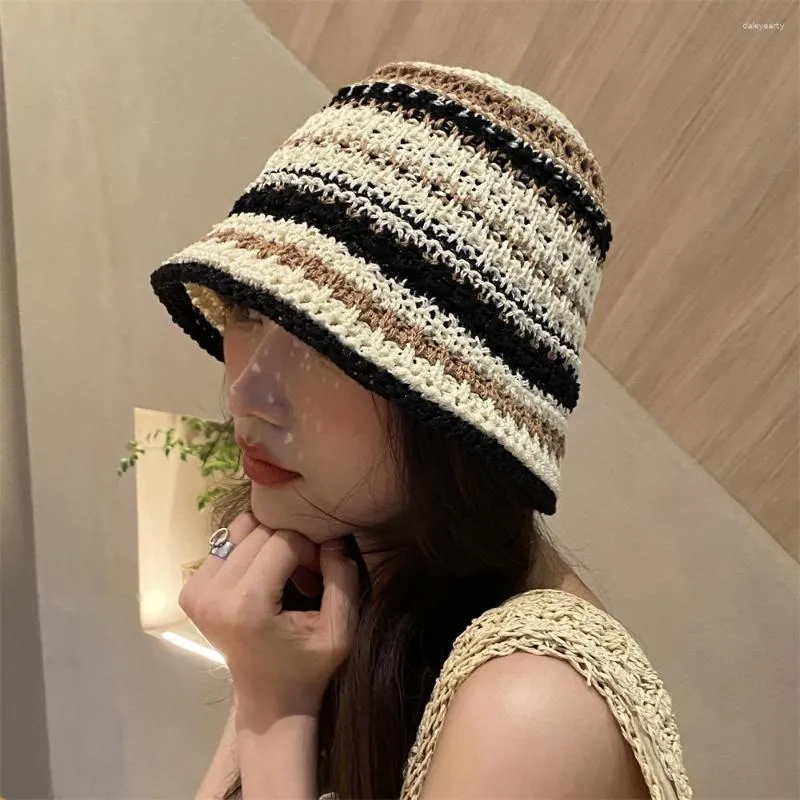 Berets Handmade Knitting Fisherman's Hat Women's Loose Striped Wool Basin Cap Korean Travel Sun Outdoor Protection Bobble