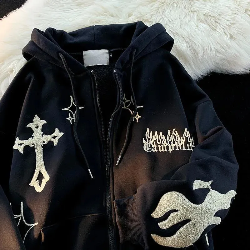 Y2K Cross Embroidered Zipper Hoodies For Women For Men And
