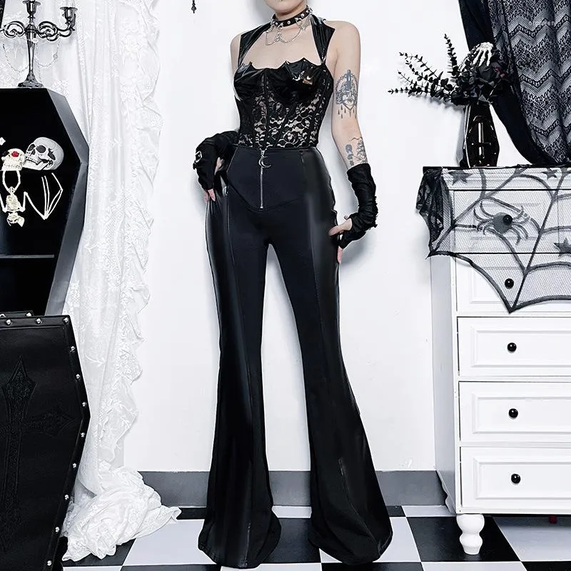 Spodnie damskie gotycka skórzana flare punkowe rozciągliwe wysoką talię zamek błyskawiczny