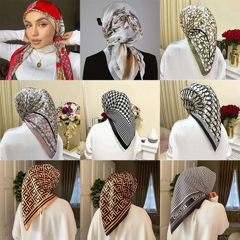 Scarves 90cm Square Muslim Head Scarf Red White Satin Printed Imitation Silk Hijab Women Dubai Wrap Female Headscarf