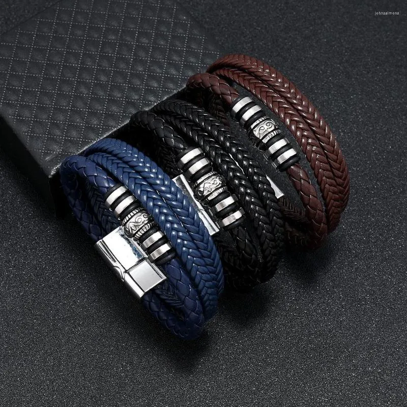 Link-Armbänder Handgefertigtes Lederarmband für Herren mit mehrschichtigem gewebtem Seil-Edelstahl-Armband