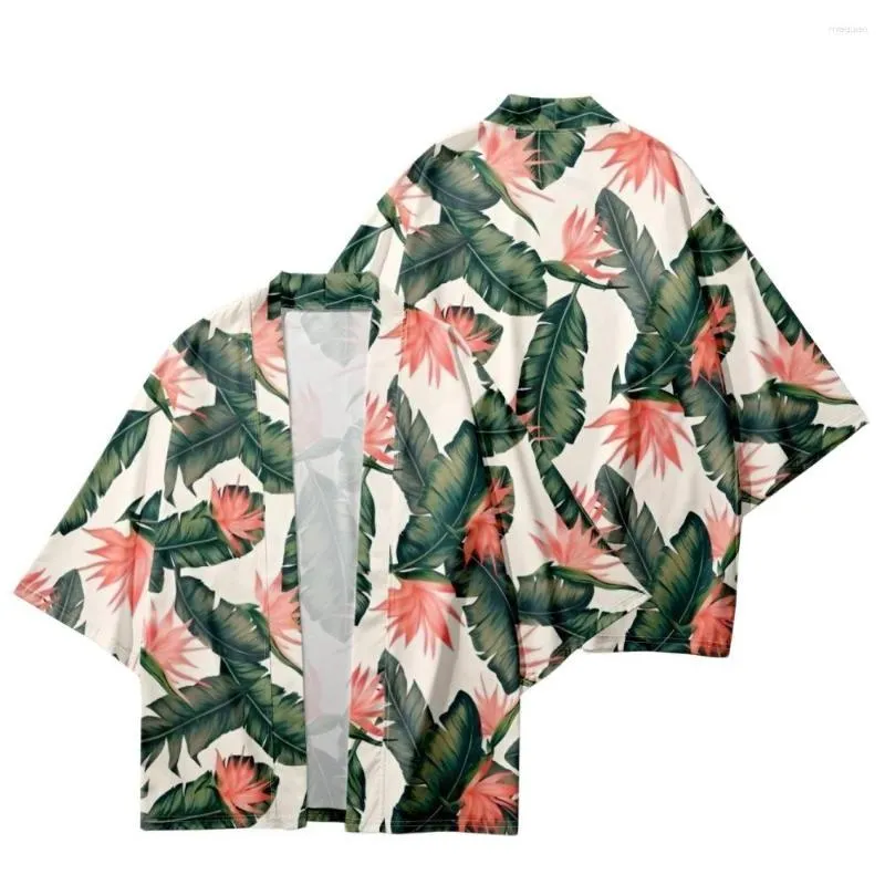 エスニック服の夏のゆるい葉印刷されたカーディガンビーチショーツストリートウェアメンズ女性着物シャツhaoriコスプレYukat