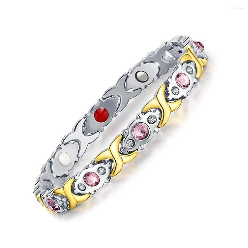 Bangle Shiny Rhinestone inlagd rostfritt stål Metallkedja armband Kvinnlig hälsoenergimagnet smycken