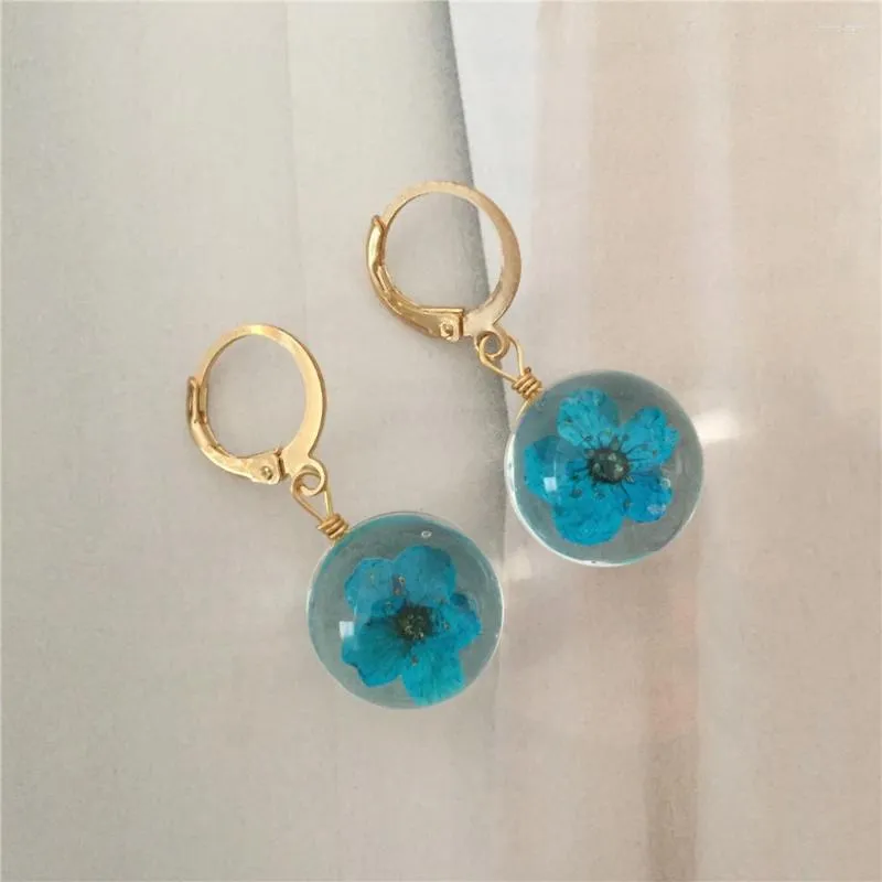 Boucles d'oreilles pendantes belle couleur or placage coloré rose vert bleu fleur sèche filmée goutte pour femmes fille élégante déclaration chic bijoux