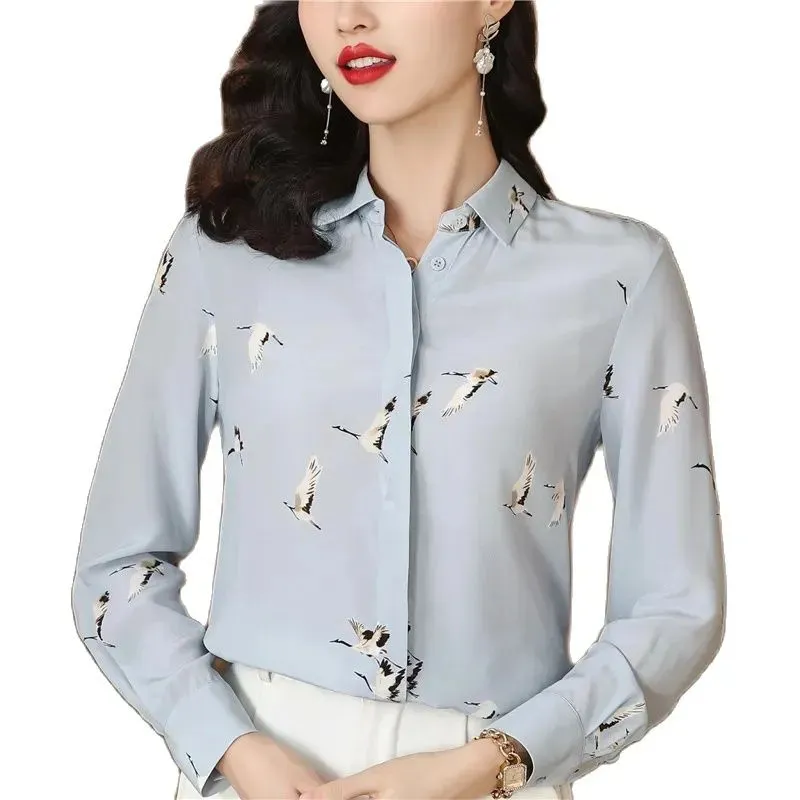 Camisas casuais para mulheres vintage cetim manga longa gráfico botão acima blusas de grife 2023 primavera outono moda escritório senhoras elegante e juventude impresso lapela topo