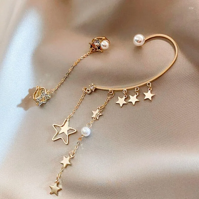 Dingle örhängen mode Dainty Five Pointed Star Charm med lång kedja Asymmetriskt öronklipp för kvinnliga smycken