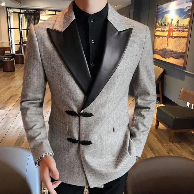 Herrdräkter 2023 Fall Men skarvad krage streetwear blazer jacka vintage kinesisk spänne buckle hombre trendiga festevenemang