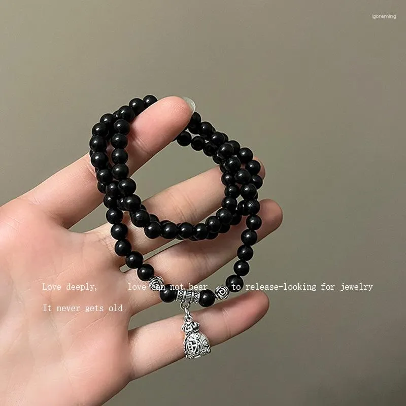 Charm armband trendiga enkla svarta onyx sten pärlor armband för tjej kvinnor sommar kinesiska välsignelse väska hängande smycken gåva