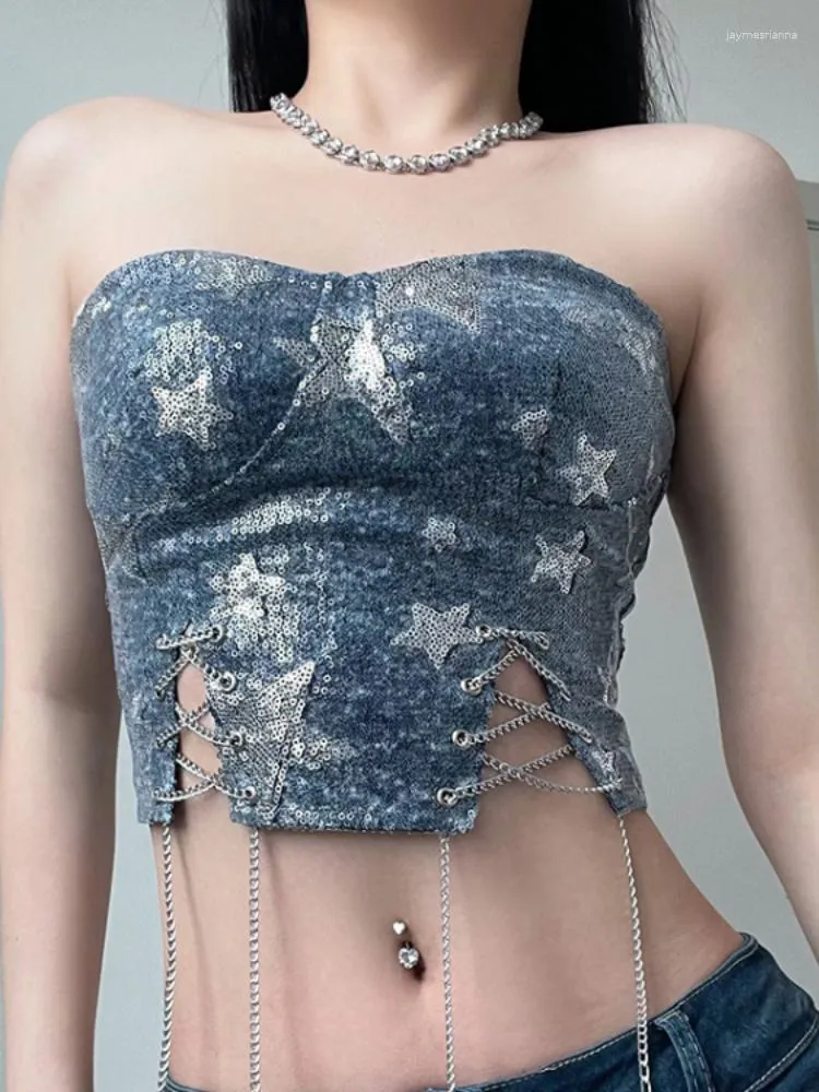 Canotte da donna Streetwear Ins Fashion Y2k Estetico Sexy senza spalline Star con paillettes Denim Crop Top Slim Split Bandage Jeans Canotta Donna