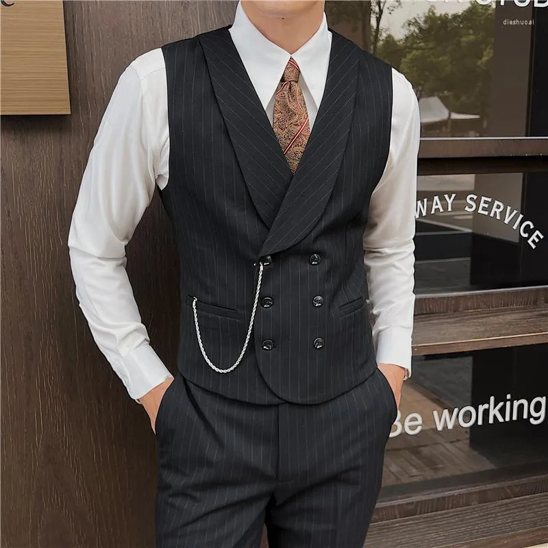 Men's Vests 4XL Casual Stripe Suit Vest Slim Fitting British Retro Double Breasted Jacket Male Waistcoat For Wedding Party Dinner