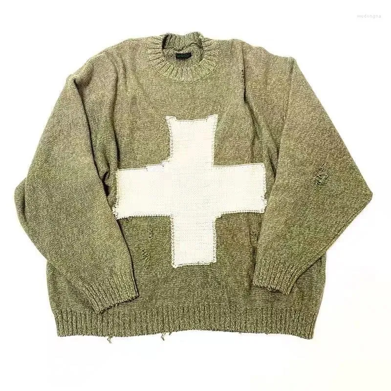 Men's Sweaters Men Oversize Loose Knitwear Sweater Cross Distressed Hole Pullover Round Neck Couples Knit