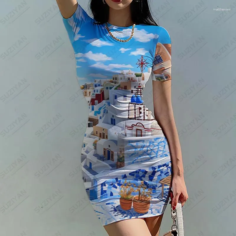 Vestidos casuais azul casa 3d impresso vestido moda confortável verão de manga curta estilo de férias de praia