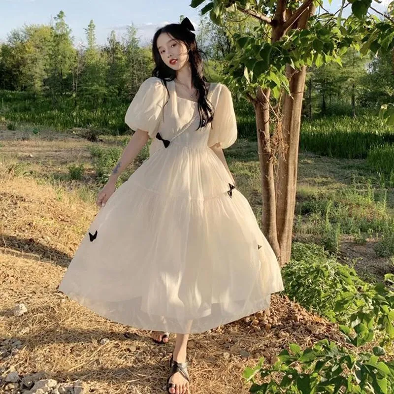 Casual Dresses Women Princess Chiffon College Dress Vintage Clothes Junior High School Graduation Party Long Sweet Bubble Sleeve Beige