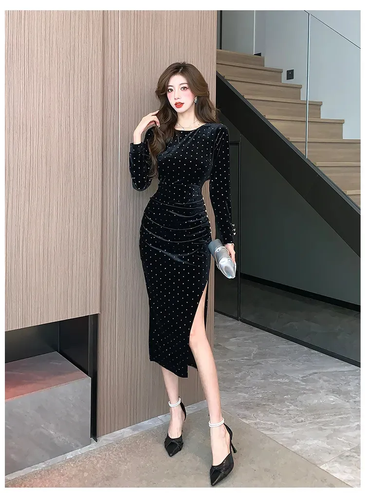 Autumn Velvet dress for Women - Slim Fit, Hot Diamond Embellishments, Perfect for Celebrity and Casual Wear