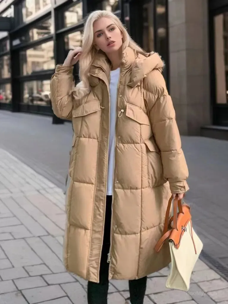 Damesbont Faux Winter Down Katoen Lange Kapjas Dames Rits Los onder de knieën Warme verdikking Jassen Zwart Wit Puffer Parka's 230928