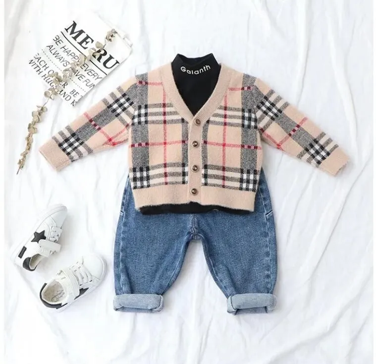 Herbst Kinder Designer Kleidung Plaid Print Strickjacke Baby Junge Mädchen Pullover Strickwaren Jumper Kinder Mantel