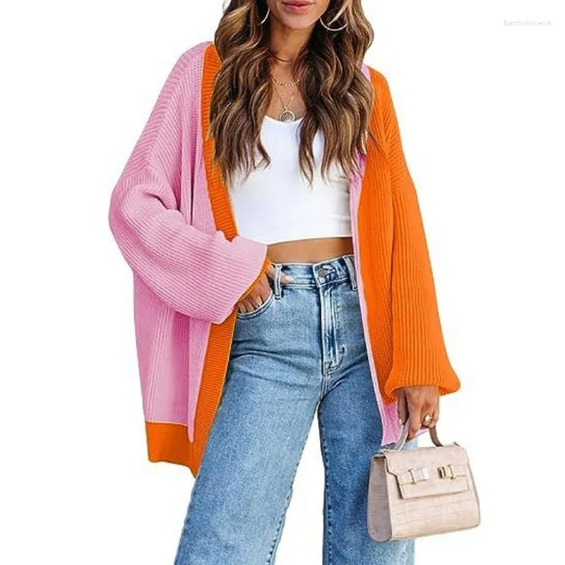 Malhas femininas contraste cor cardigan de malha solta casual com decote em v manga longa batwing colorido retalhos camisola casaco para mulher estilo preguiçoso